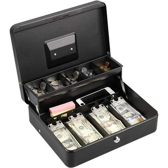 Lockable Metal Cash Box, 11.8-inch Large Capacity Home/Commercial Cash Box, Five-Compartment Anti-Pry Safe, Spring-Hinged Coin Tray, Supports External Security Cable Lock, Black Storage Box