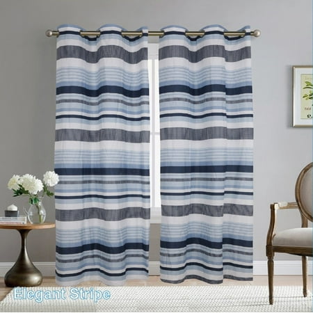 - Boys Girls Kids Teens Blue Elegant Stripe 2 Panel Metal Grommets Curtain Set