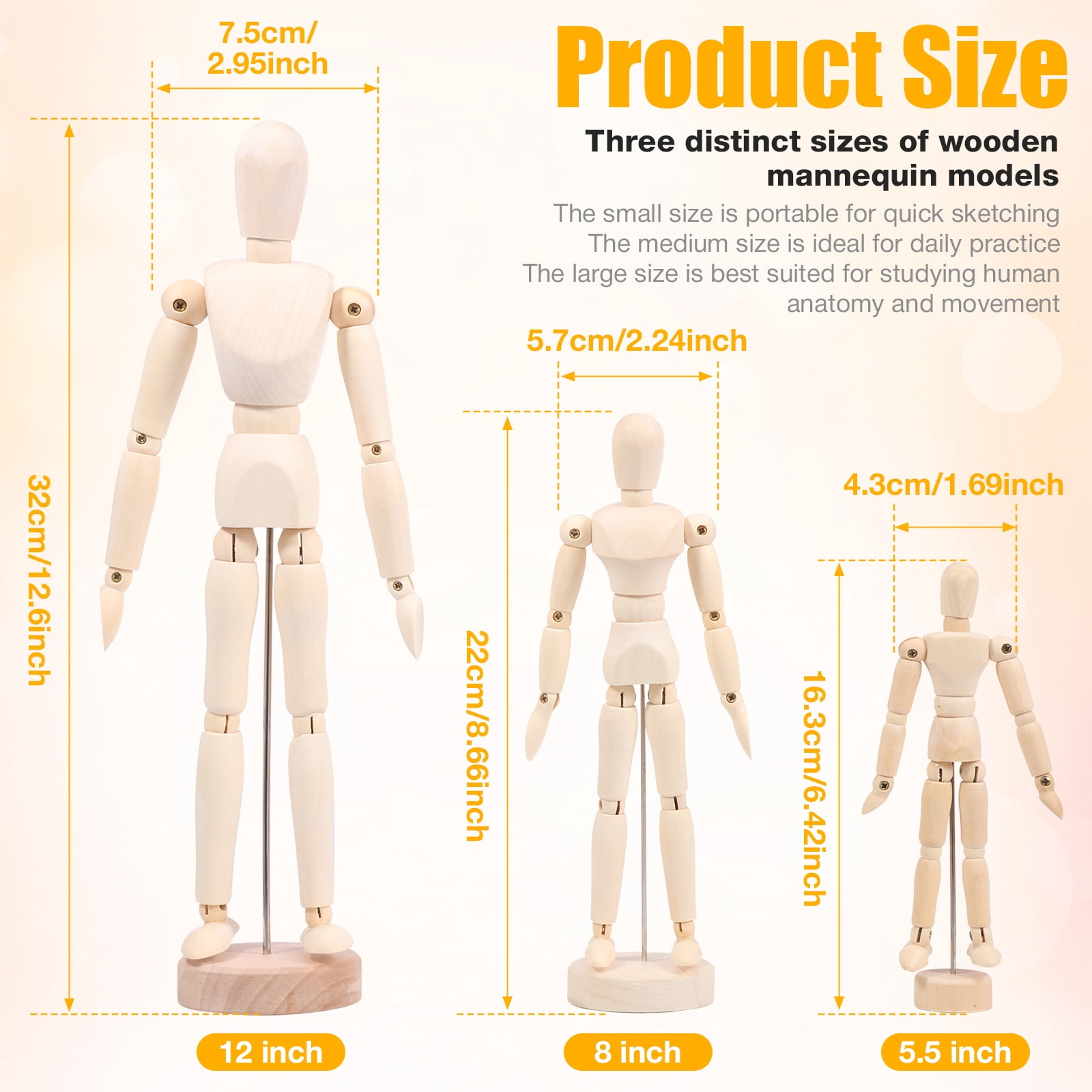 Austok 3Pcs 12 inch Artist Wooden Manikin Flexible Body Joints Human Figure Puppet Model Wood Male Mannequin Doll Ornament Stand for Home Office Desk Decoration Sketching Drawing Painting