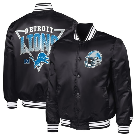 Men's Starter  Black Detroit Lions Printed Triangle Graphic Satin Full-Snap Varsity Jacket