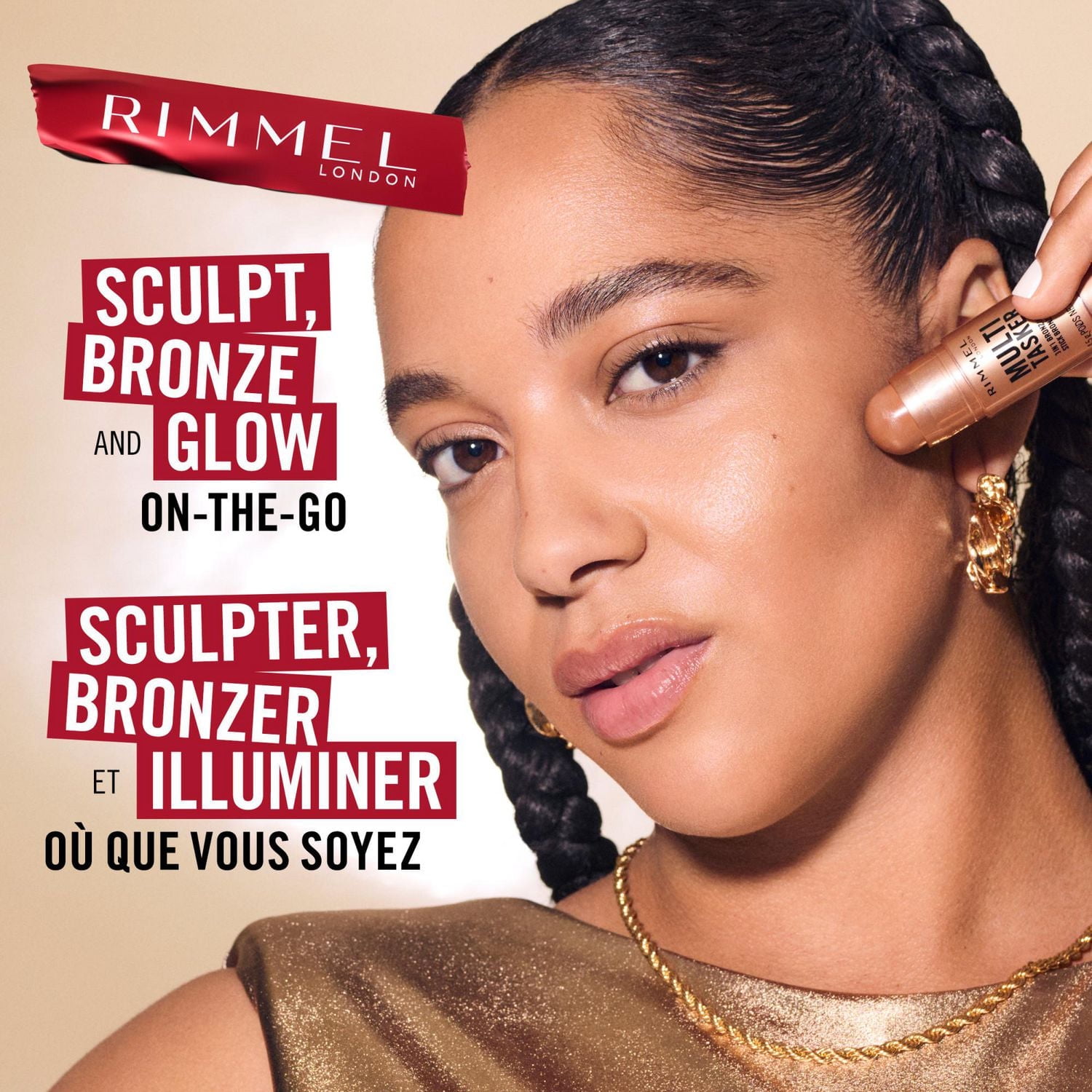 Rimmel Multi Tasker stick bronzant, sculptant et contouring, tenue toute la journée, fini frais