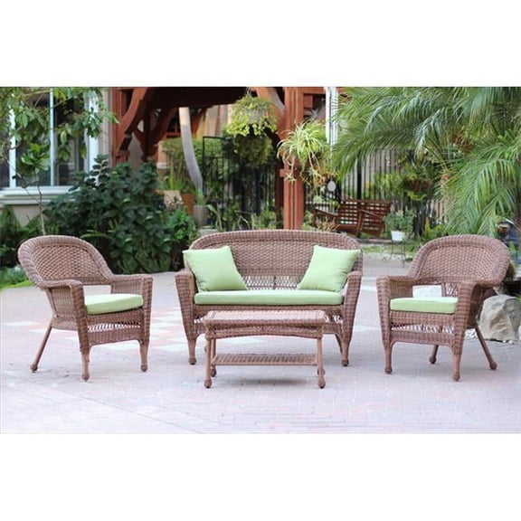 Jeco W00205-G-FS029 4 Piece Honey Wicker Conversation Set - Green Cushions