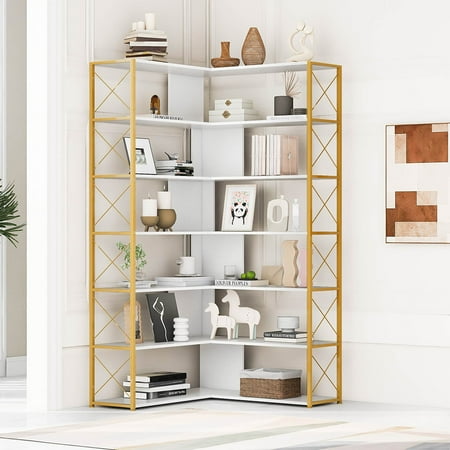 

Gplesas Bookshelves Corner Ladder Shelf 7-Tier Vintage Bookcase L-Shaped Plant Flower MDF Board With Wood Metal Frame Modern Industrial Style Golden White