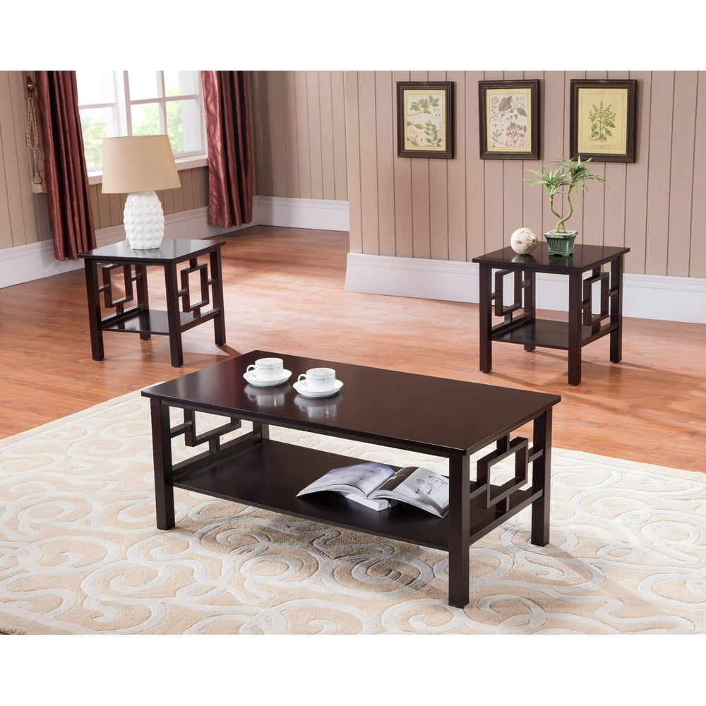 Sabina 3 Piece Coffee Table Set, Dark Cherry Wood, Contemporary