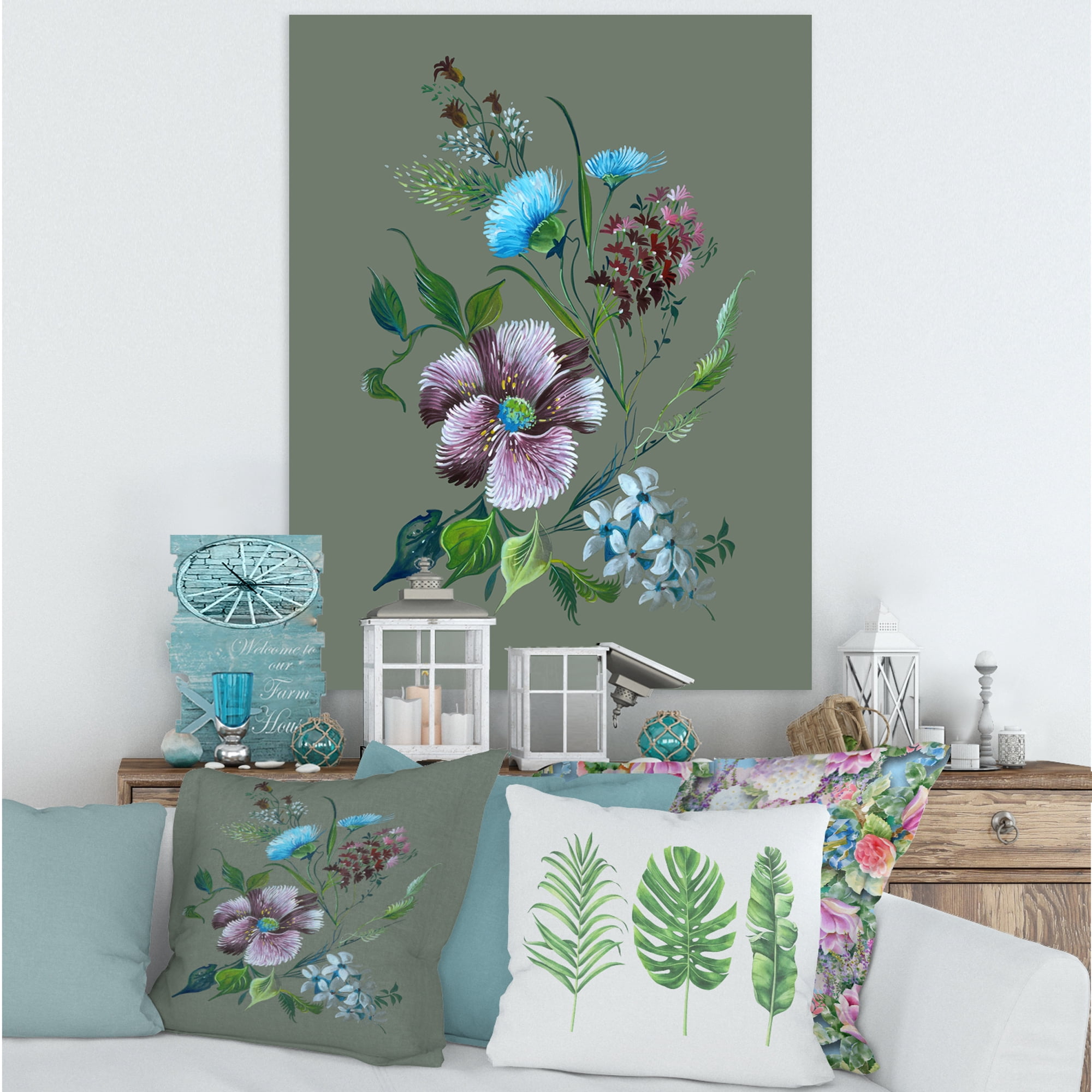 Designart ' Turquoise and Purple Spring Flowers ' Traditional Canvas Wall Art Print