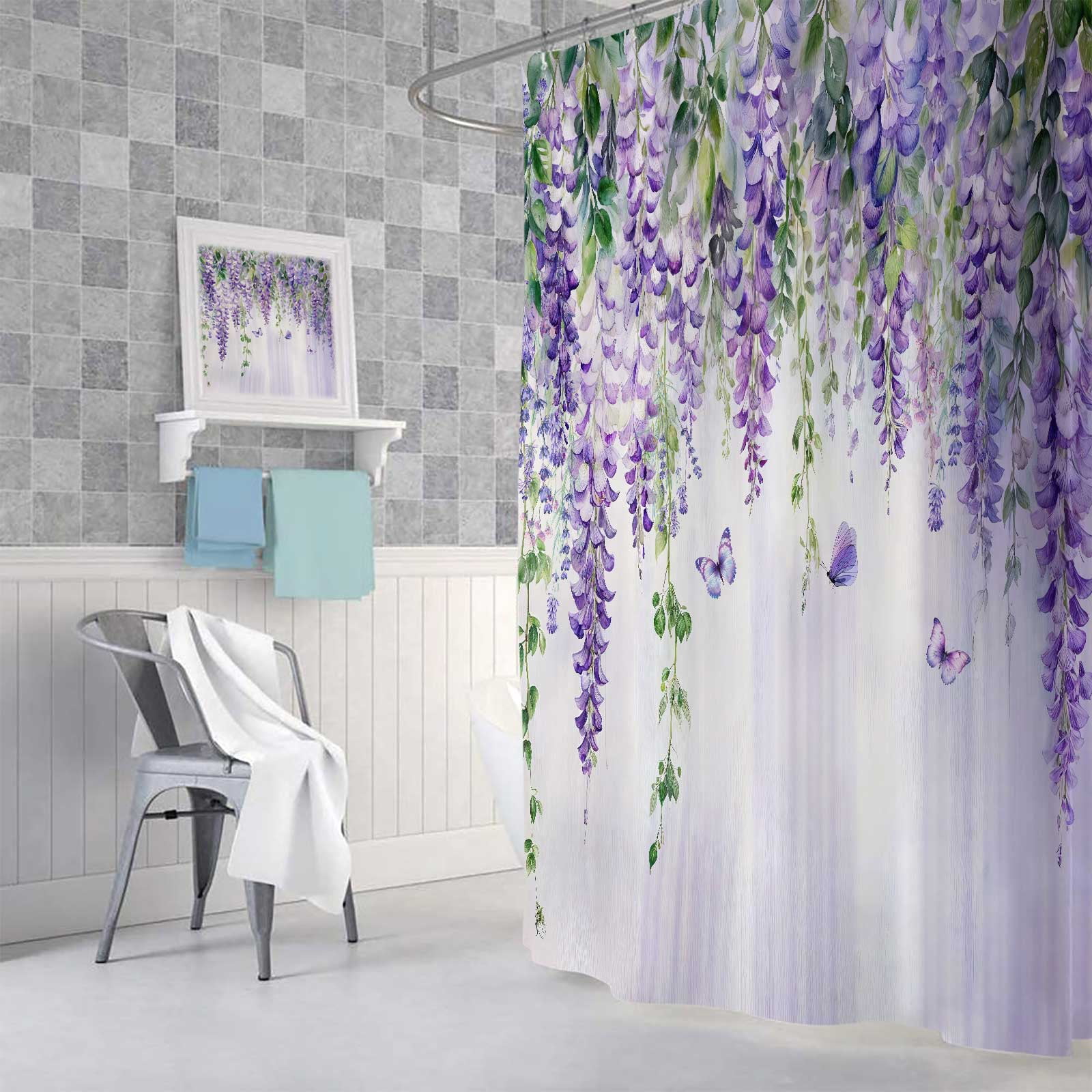 Purple Lavender Floral Butterfly Shower Curtain, Spring Purple Lilac Flower Leaves Fabric Shower Curtains Set for Girl Bathroom Decorative, Watercolor Restroom Decor Accessories with Hooks 72X72 Inch