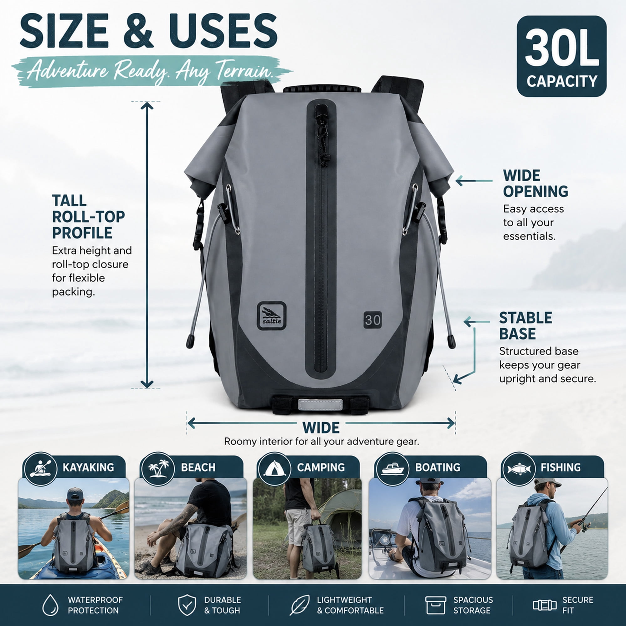 30L Waterproof Dry Bag Backpack with Roll-Top Closure, Front Mesh Pocket and Padded Straps, Gray