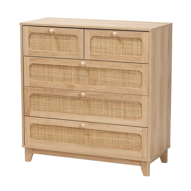 Baxton Studio Elsbeth Armoire de Rangement Moderne Mi-Siècle en Bois Fini Chêne Brun et Rotin Naturel à 5 Tiroirs
