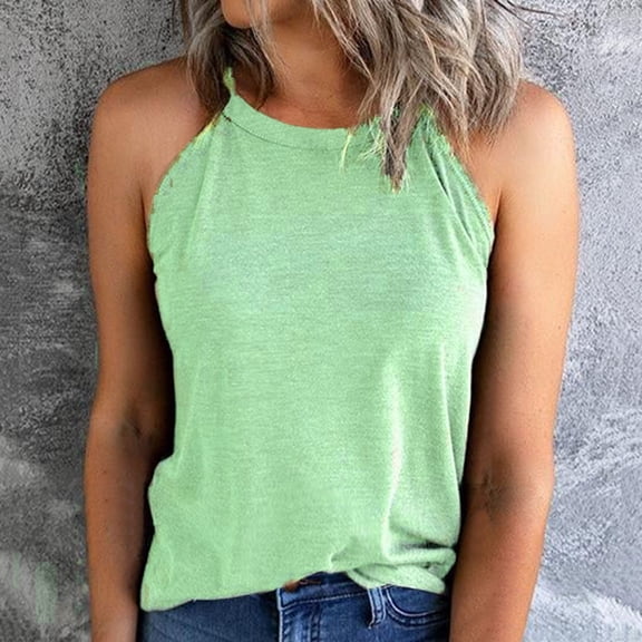 MRULIC tank top for women Women's Solid Color Slim Fit O Neck Halter T-Shirt Top Vests Tank Sleeveless Blouse Womens tank tops Green   S