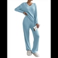 thumbnail image 2 of Conjunto de Pijama de Dos Piezas de Punto Acanalado para Mujer: Suéter de Larga y Pantalón . Azul M, 2 of 9
