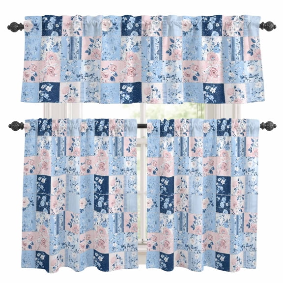 Blue Pink Floral Kitchen Curtains Sets for Windows 36 Inch Length, Farmhouse Vintage Botanical Rod Pocket Window Treatments Tier Curtains and Valances Set for Bedroom/Bathroom