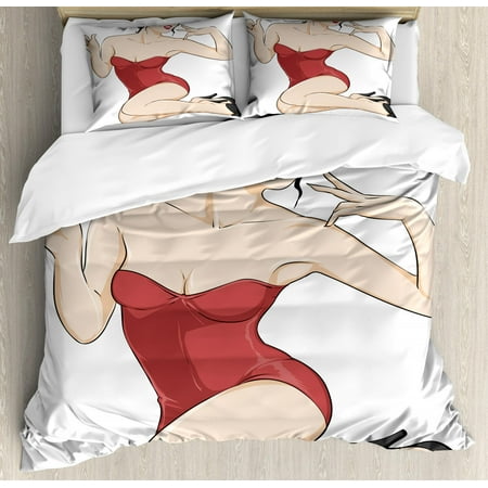 Pin up Girl Queen Size Duvet Cover Set, Figure of Pale Skin Posing Brunette Lady in Strapless Bathing Suits, Decorative 3 Piece Bedding Set with 2 Pillow Shams, Beige Ruby and Black, by