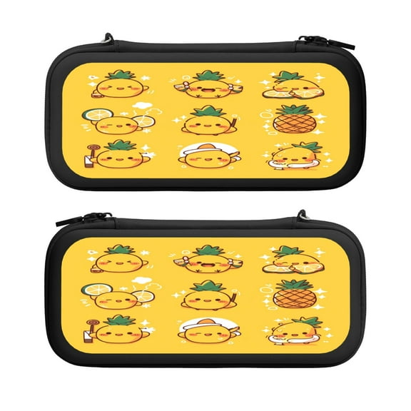 Cute Smiley Pineapple Yellow, Carrying Case For Nintendo Switch & OLED Version, Eva Pouch Case for Console & Accessories with 10 Game Card Slot & Wristband, Black