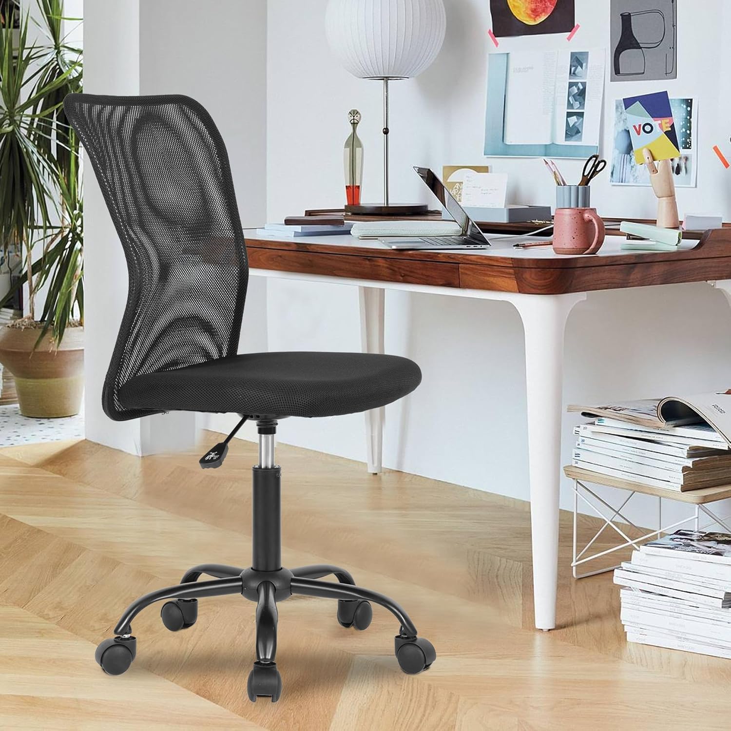 Small Chair Home Desk Chair Mesh Back Vanity Chair Ergonomic Computer Chair Height Adjustable Office Chair Swivel Task Chair No Armrest Chair Student Desk Chair for Teen, Black