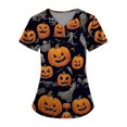 thumbnail image 1 of Camiseta de cuello en V con temática de Halloween para mujer con estampado de calabaza y fantasma, perfecta para celebraciones navideñas, 1 of 3