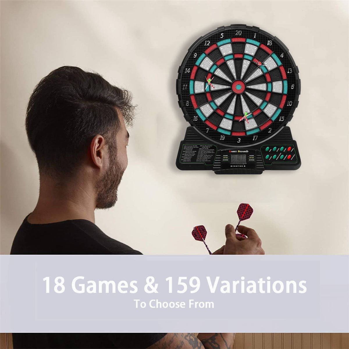 Electronic Tip Dartboard Cabinet Set with Darts for Game Room with 6 Pieces Darts 18pcs Replacement Tips, LCD Display Automatic Scoring Dartboard Target Board