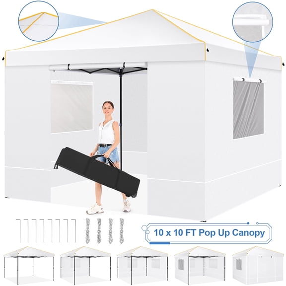HOTEEL Pop up 10x10 Canopy Tent,Outdoor Patio Gazebo Tent with Carry Bag,Easy Up Canopy with 4 Removable Sidewalls,UPF 50 ,White