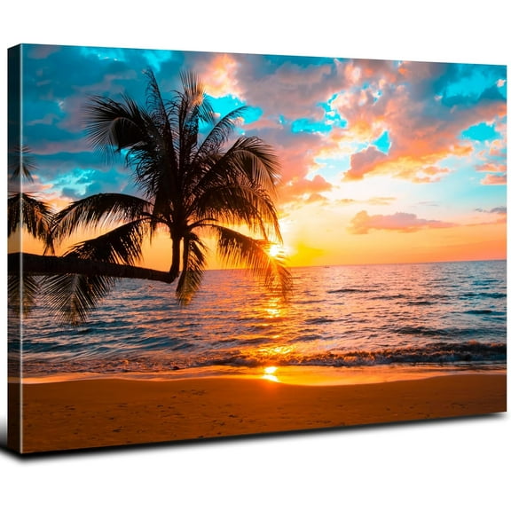 Beach Palm Tree Wall Art Ocean Decor Sunset Wall Art Coastal Landscape Pictures for Living Room Tropical Seascape Poster Canvas Nature Painting Modern Artwork Bedroom Bathroom Home Decor 12x16”