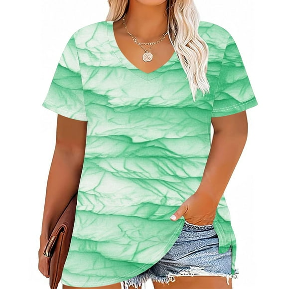 Staron Hauts Grande Taille pour Femmes Tendance Été Manches Courtes Col en V Chemisiers T-shirt Surdimensionné à Imprimé Floral Hauts Amples et Fluides Vert 4TG