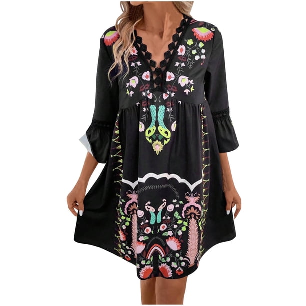 Vestido de Verano Casual, Vestido de Cuello en V de Manga 3/4 de Ruffle de Impresión Hecha de Poliéster Cómodo para Primavera Verano, Vestido de Verano de Mujer