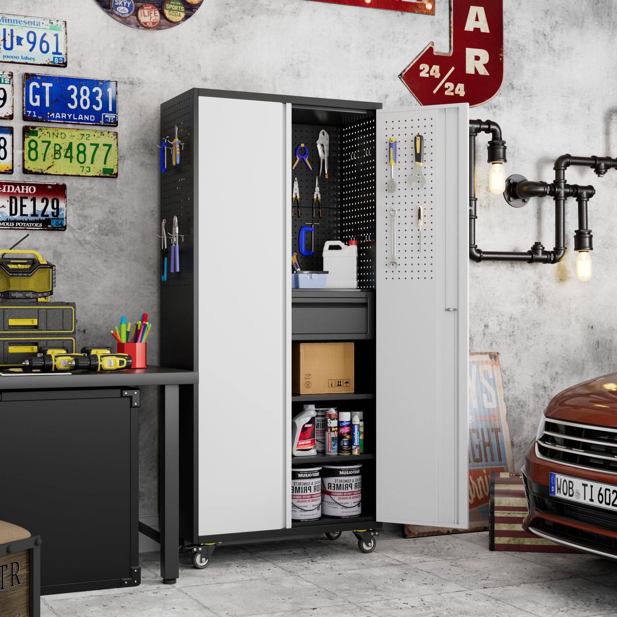 Aobabo 71" H Metal Garage Cabinet with Wheels with 5 Pegboards & 1 Drawer,Lockable Steel Tool Storage Cabinet for Garage,Home,Office,Warehouse,Assembly Required,Black+Gray