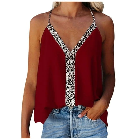

Women Tank Tops Causal Summer V-Neck Leopard Printed Spaghetti Strap Blouse Sleeveless T-Shirt Sexy Tops Blouse