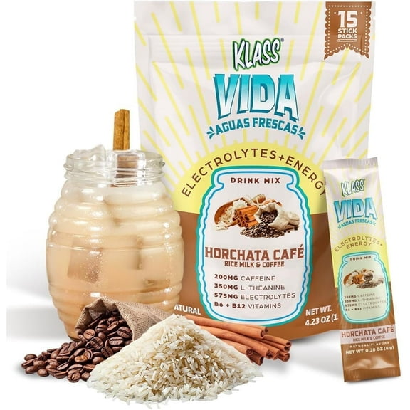 KLASS VIDA Hydration Energy Electrolyte Drink Mix Coffee Horchata Agua Fresca Flavor Sugar-Free with Caffeine, L-Theanine, Coconut Water, 15 Sticks