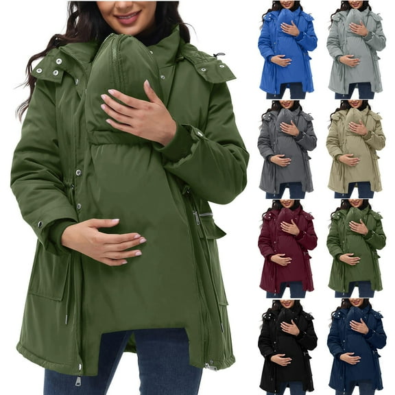 Xdegoge Maternity Winter Coat 3 In 1 Quilted Jackets Warm Loose Padded Jacket Full Zip Drawstring Hooded Outerwear Fall Winter Removeable Coats with Multi Pockets
