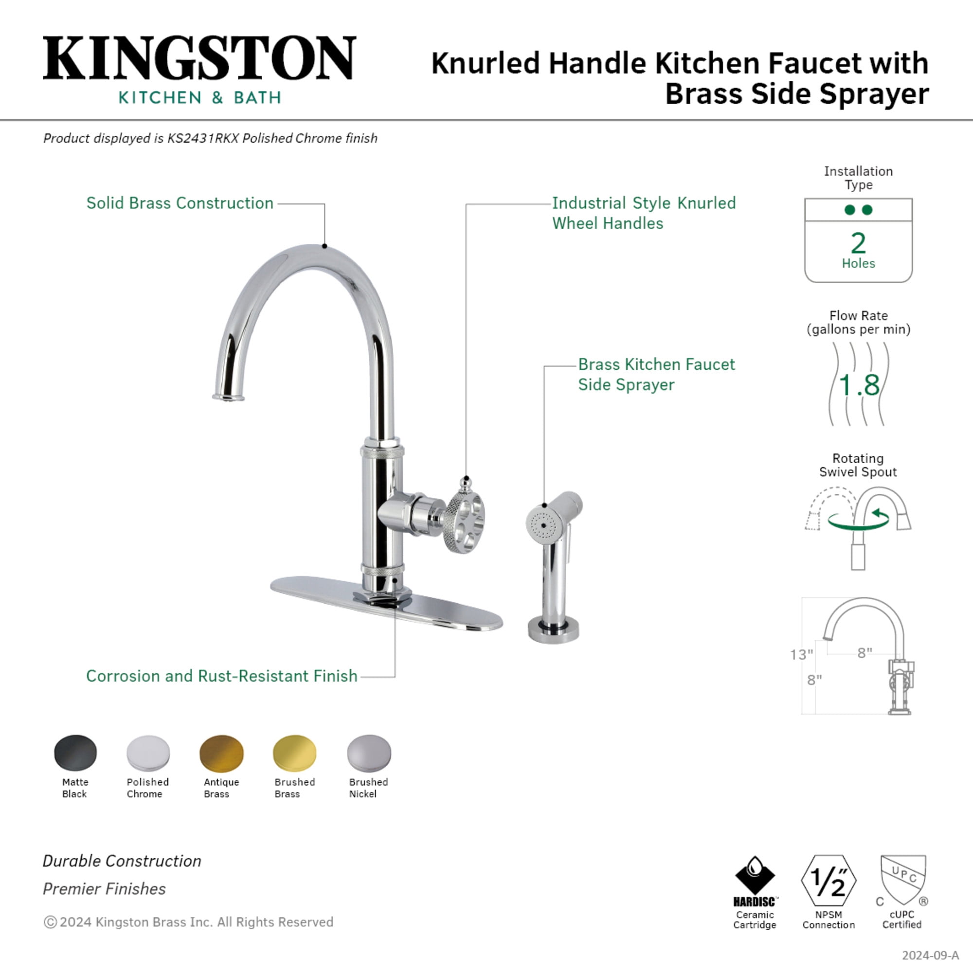 Kingston Brass KS2431RKX Webb Single-Handle Kitchen Faucet with Knurled Handle and Brass Side Sprayer, Polished Chrome