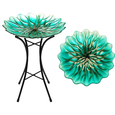 G128 19 Inch Height Glass Bird Baths with Metal Stand | Decorative Green BirdBaths Bowl Outdoor Garden Bird Feeder