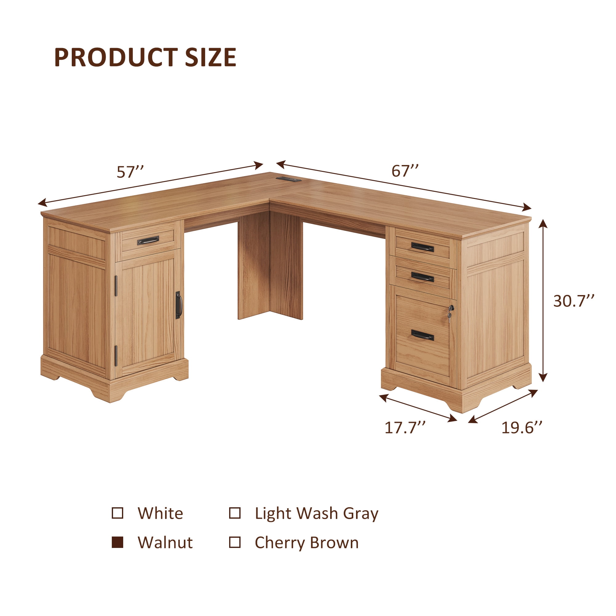 67'' Farmhouse L Shape Desk with File Drawers and Charging Station for Home Office, Walnut