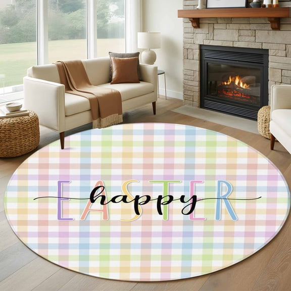 Round Area Rug 8 Ft, Easter Washable Non-Slip Circle Carpet for Living Room/Bedroom, Colorful Checkered Plaid Spring Gingham Textured Collection Low-Profile Large Area Rugs for Indoor