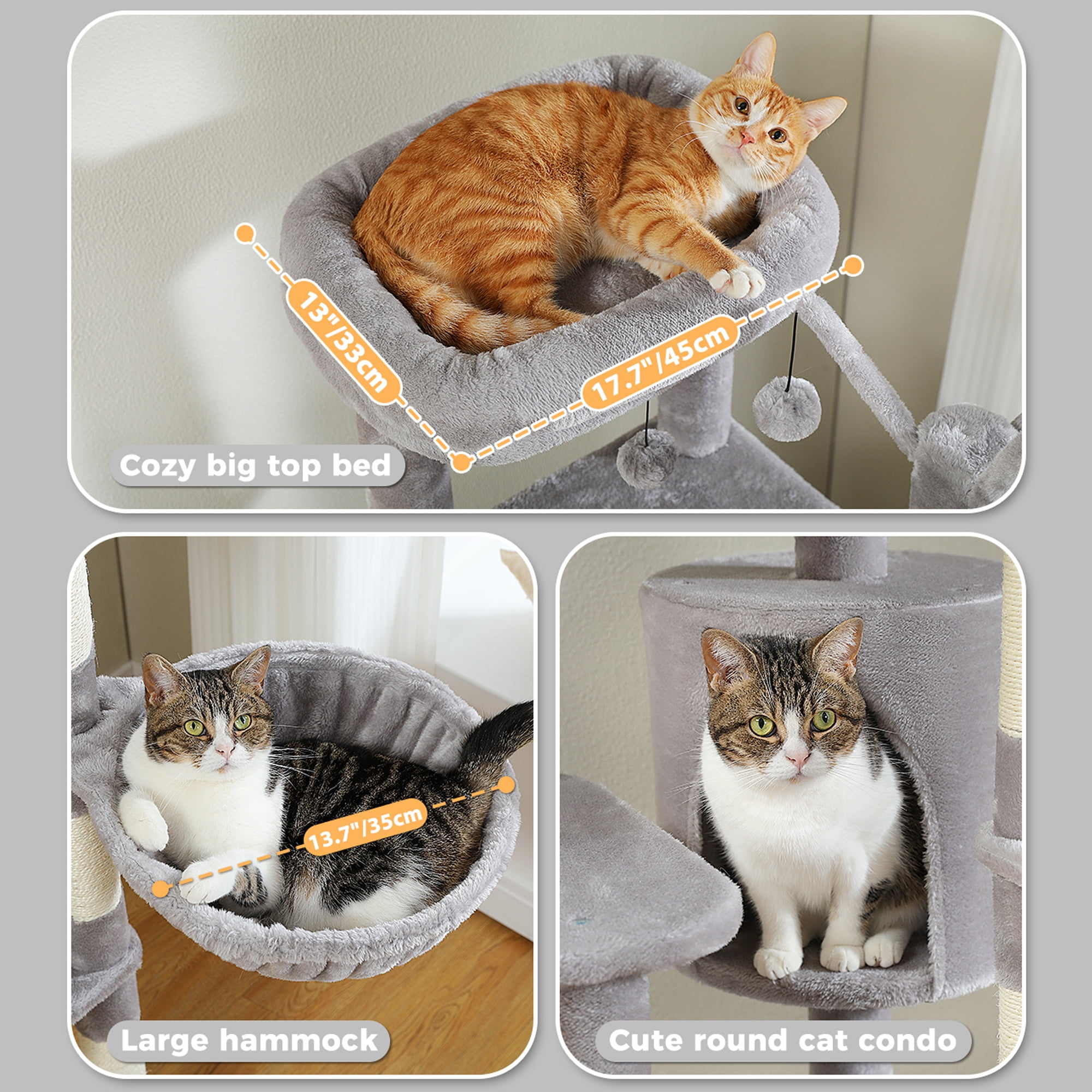 Pefilos 59" Multi-Level Cat Tree House with Large Hammock, Scratching Post, 2 Perches, Cat Tower with 3 Removable Pompom Sticks, Cat Condo, Gray Pefilos 59" Multi-Level Cat Tree House with Large Hammock, Scratching Post, 2 Perches, Cat Tower with 3 Removable Pompom Sticks, Cat Condo, Gray