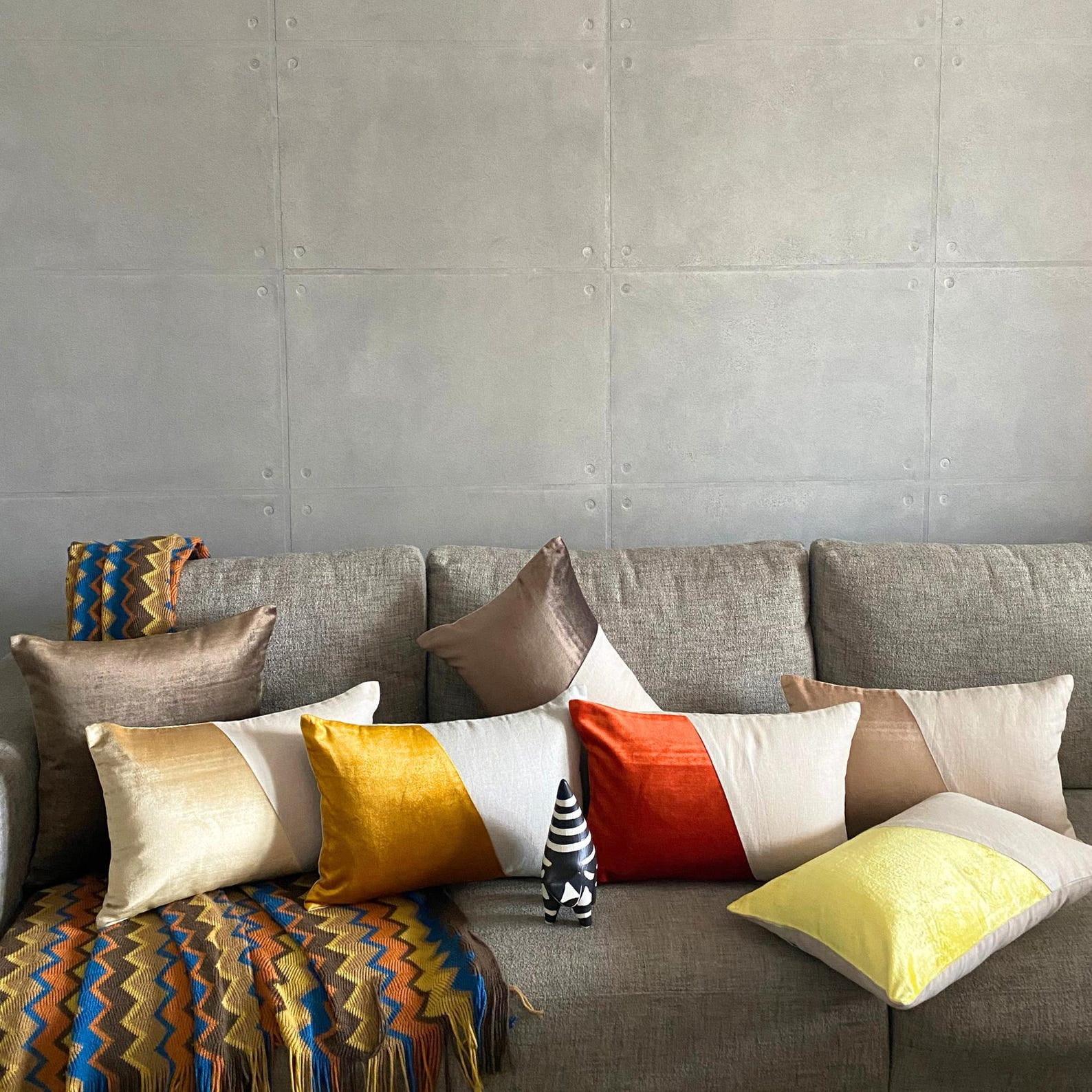 The HomeCentric Decorative Beige Pack of 2, 12"x26" (30x65 cm) Lumbar Pillow Cover, Velvet & Linen Solid Color Block Oblong Pillow, Patchwork Pattern Modern Style - Velutinous Beige
