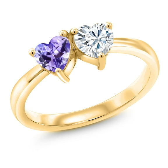 Gem Stone King 18K Yellow Gold Plated Silver Fashion Right-Hand Ring Heart Shape Blue Tanzanite and Moissanite (0.92 Cttw, Size 5)