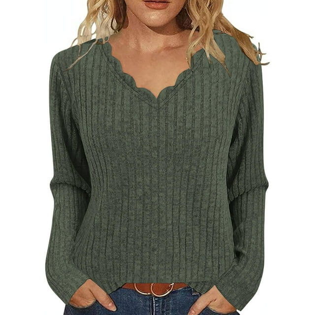 Sweaters for Women Ribbed Wave V Neck Slim Fitted Comfy Knit Casual Work Long Sleeve Shirts