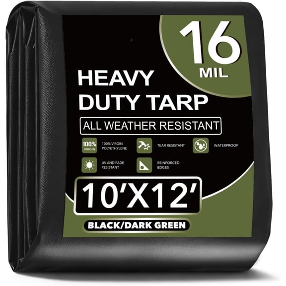 Tarp Waterproof 10x12Ft, Extra Thick 16 Mil Heavy Duty Tarp Cover, Tear & Fade Resistant, Outdoor Tarps with Brass Grommets and Reinforced Edges for Roof, Camping, Patio, Boat (Black/Green)