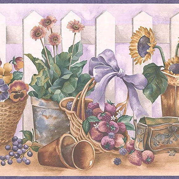 CONCORD WALLCOVERINGS â„¢ Bordure de Papier Peint Classique avec Clôture de Piquet Blanche Tournesols et Pensées dans des Paniers, Couleurs Violet Beige Blanc 10,25 Pouces par 16,5 Pieds ZK60191B