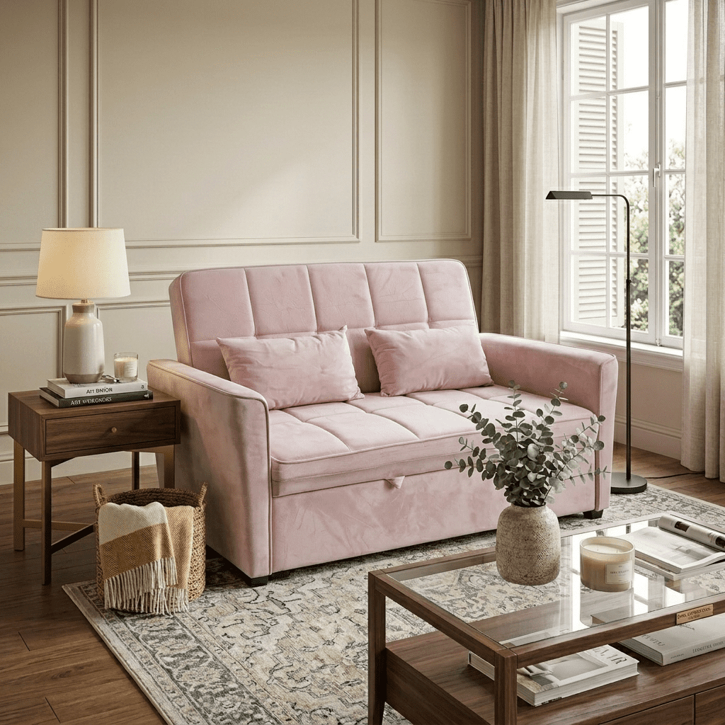 WAKEFIT 54" Pull-Out Sleeper Sofa Bed,3-in-1 Convertible Loveseat Couch with Adjustable Backrest for Small Living Room,Velvet,Pink