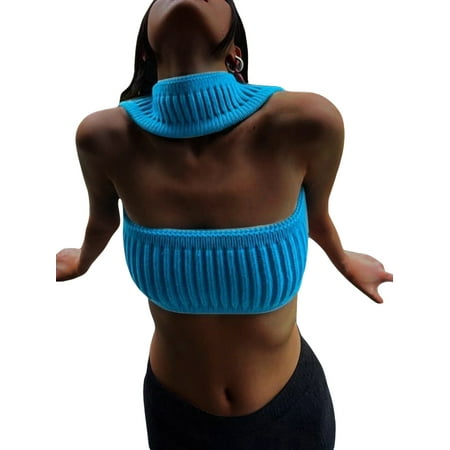 

Cathery Women Ribbed Knit Crop Top Bustier Sexy Sleeveless Halter Cami Shirts Casual Backless Knitted Tank Vest Streetwear
