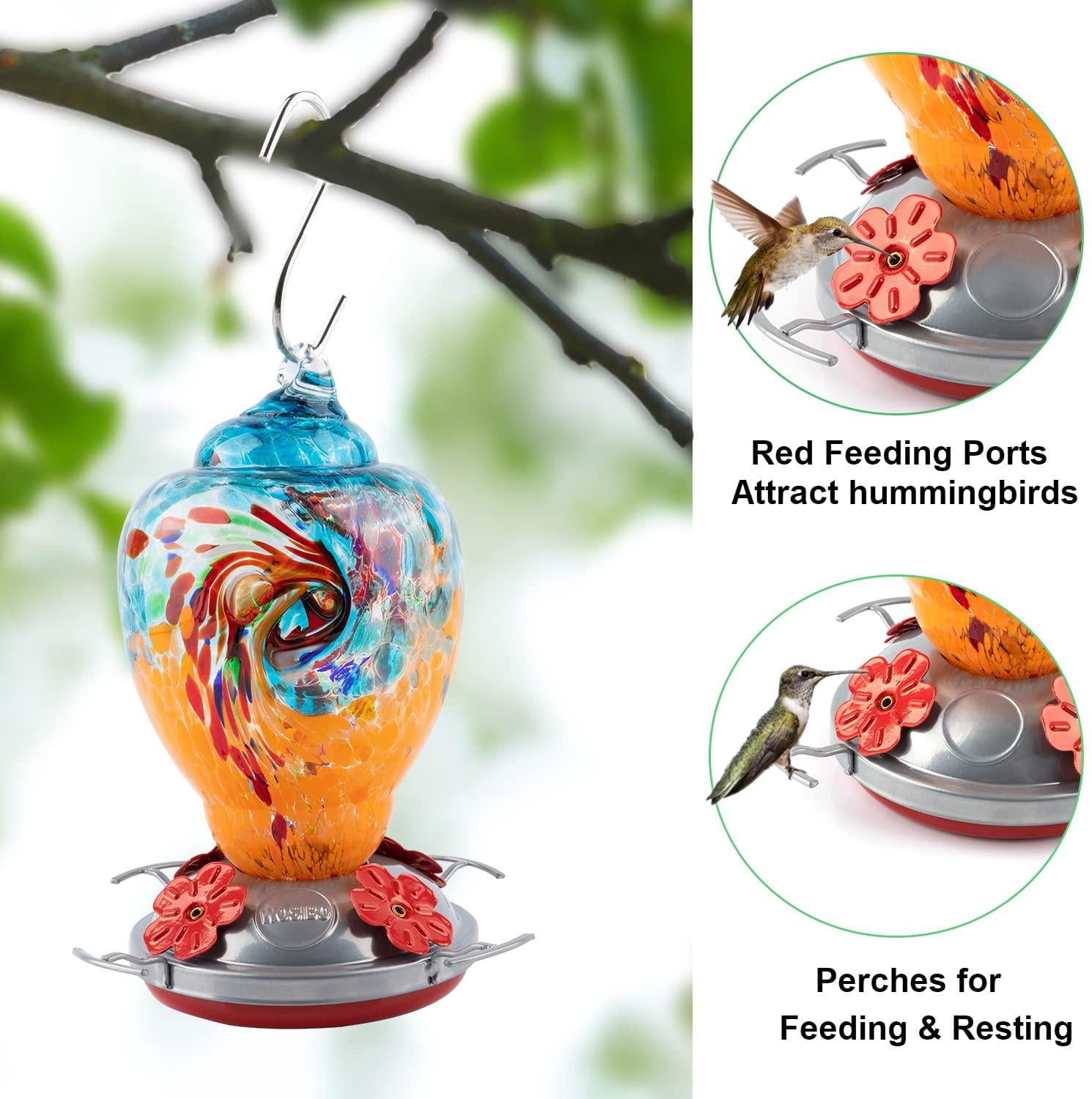Hummingbird Feeder For Outdoors Patio Large 32 Ounces Colorful Hand Blown Glass With Ant Moat Hanging Hook  Rope Brush And Service Card (blue-orange)