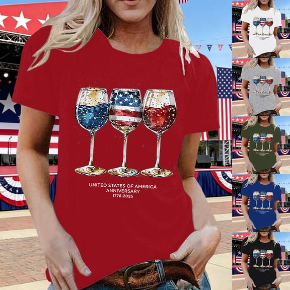 HCYSFG Womens 250th Anniversary t shirt Wine Glass Print top Independence Day Crew Neck Casual Patriotic July 4th Celebration Style tee