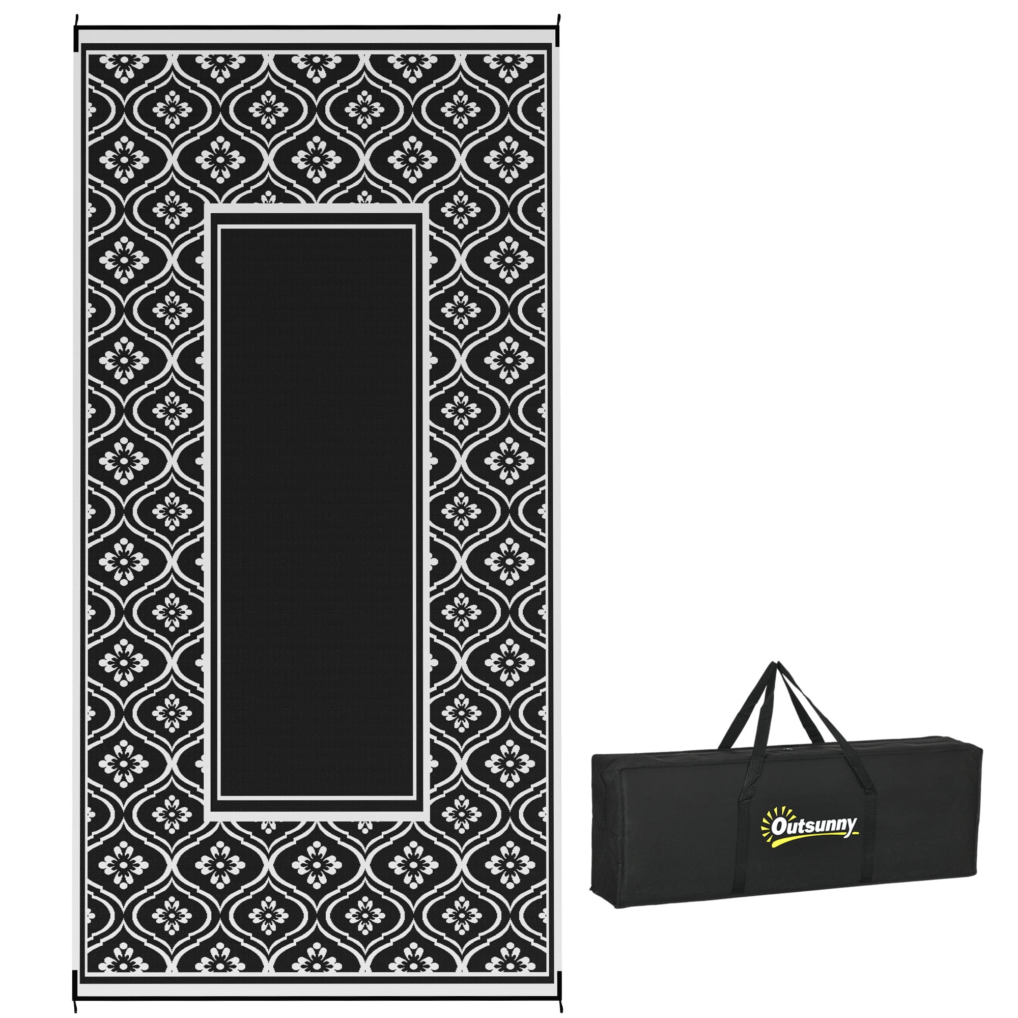 Outsunny Outdoor Patio Rug, Large Camping Carpet with Carrying Bag, 9' x 18' Waterproof Plastic Straw, Reversible, Black & White Gourd Border