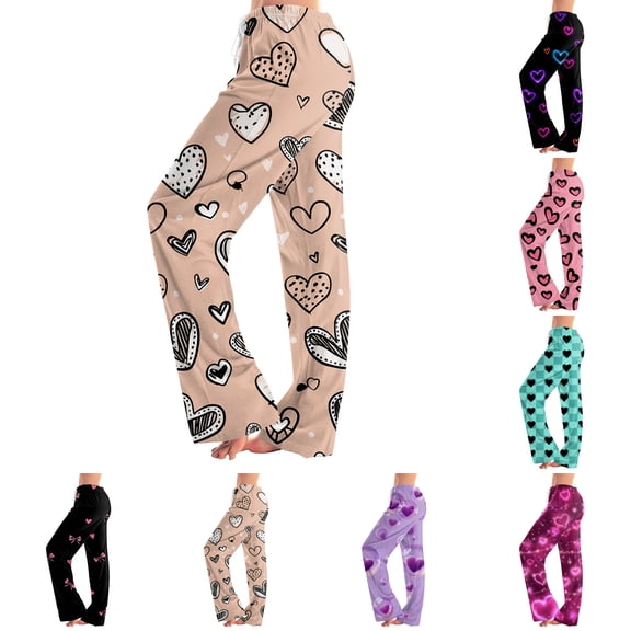 Valentine Day Pajama Pants for Women Love Heart Print Sleep Pants Womens Lounge Wear Soft Wide Leg Pajama Bottoms Black 2XL