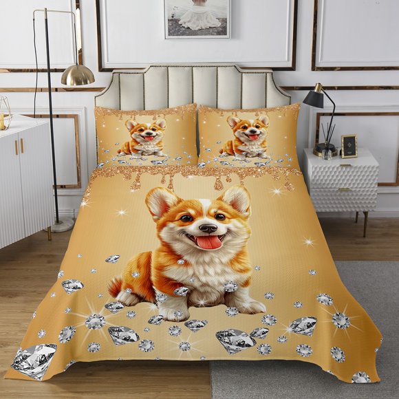 Erosebridal Kawaii Corgi Quilt Sets for Queen Size Bed For Kids,Bling Sequin Print Bed Set,Crystal Room Decorative,Lightweight,3-Piece
