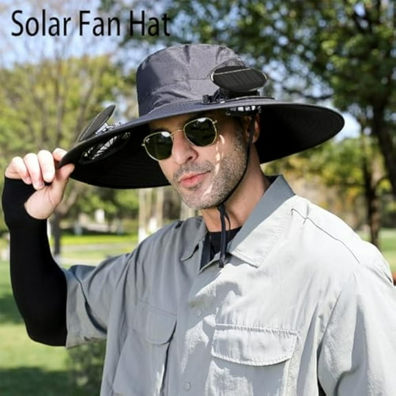 Deeceymbur Fishing & Hiking Dual-Use Hat: Solar Fan with Detachable Design, Big Brim Cooling for All-Day Outdoor Use