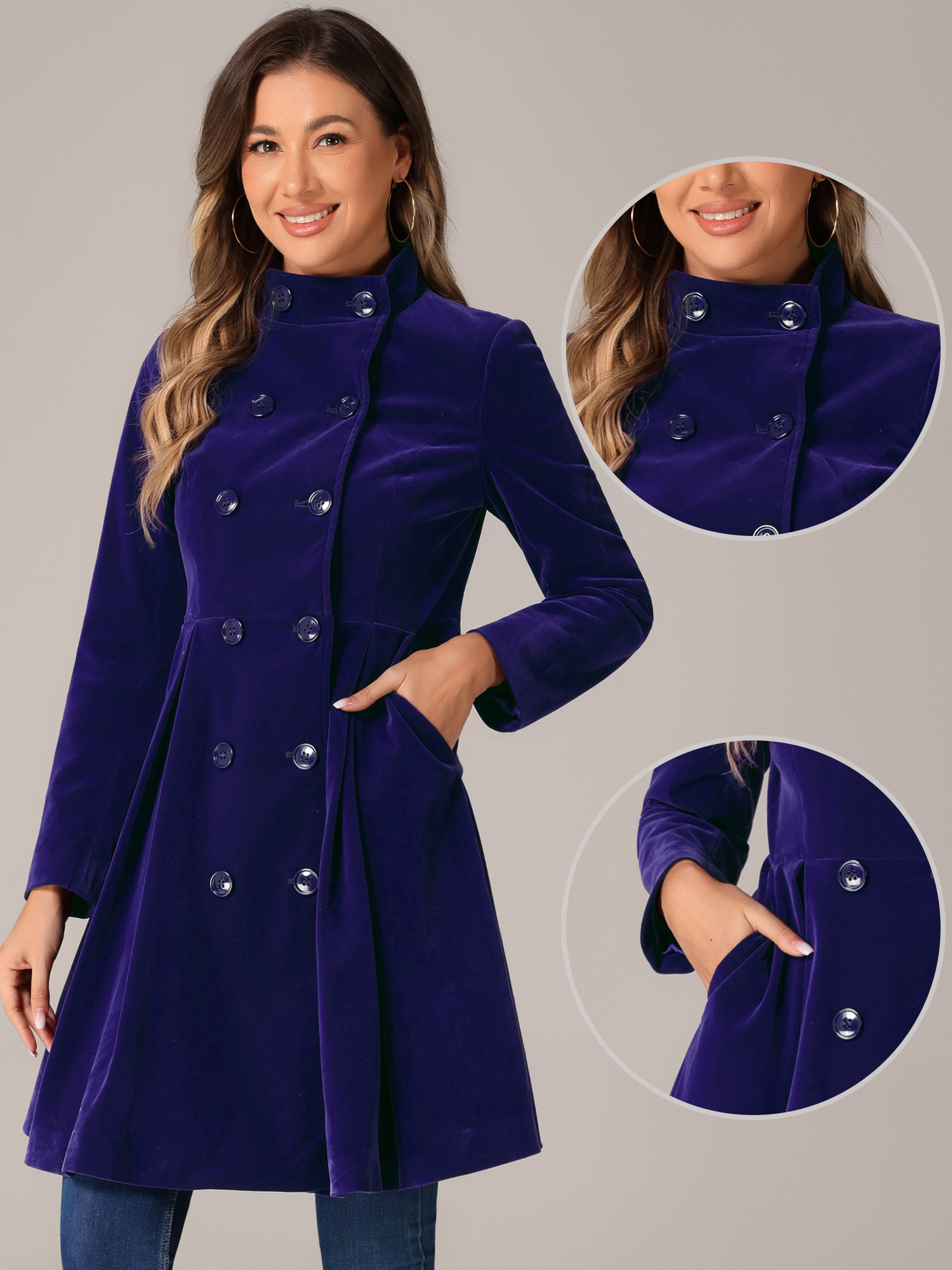 DARING DIVA Velvet A-Line Stand Collar Double Breasted Trench Coats S Dark Blue