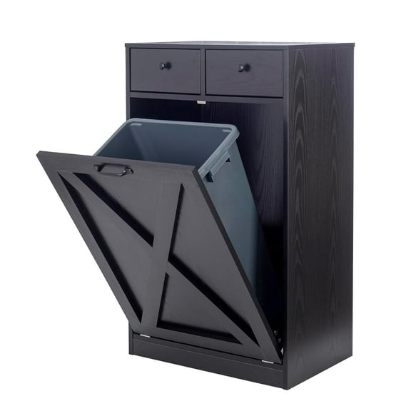 13 Gallons Tilt Out Trash Cabinet, Hidden Trash Can Cabinet Wooden Free Standing Kitchen Trash Recycling Cabinet with Drawer for Kitchen (Black),Trash can