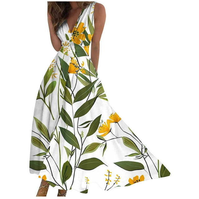 QIPOPIQ Robe Longue Portefeuille d'Été pour Femme Décontractée Bohème à Fleurs à Col en V Sans Manches à Ourlet Volanté Robe Longue de Plage Liquidation d'Été