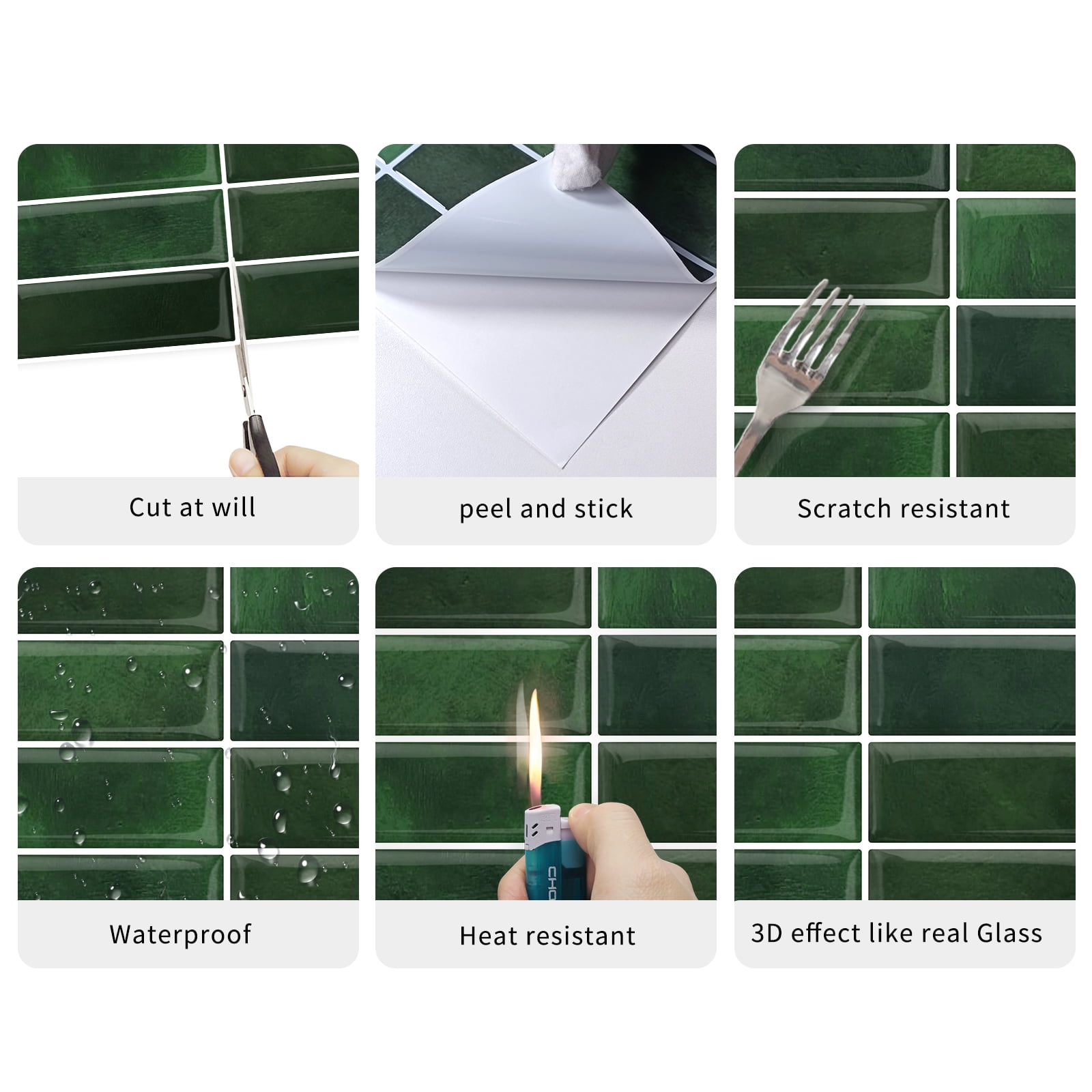 DEWOO Peel and Stick Backsplash - 10 Sheets of 12"×12" - 3D Adhesive Peel and Stick Tile Backsplash for Kitchen, Bathroom, Wall Tile, Emerald Green